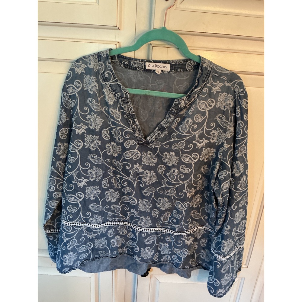 Kim Rogers Paisley Floral Lyocell V-Neck Blouse Blue XL TTL18410PR1